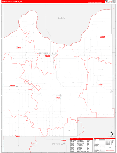 Roger Mills County, OK Wall Map Red Line Style
